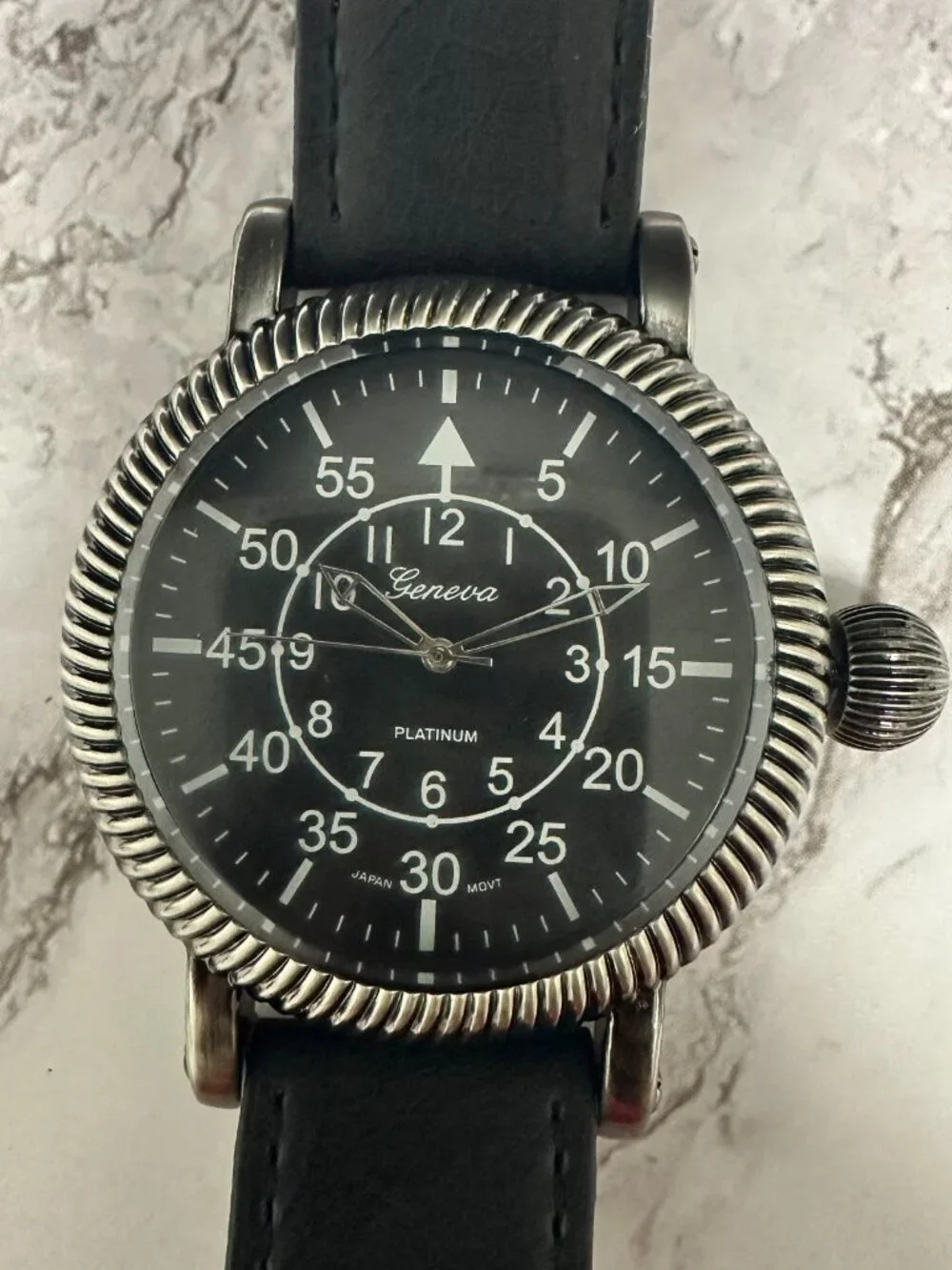 Geneva Watch Men Silver Tone Black Faux Leather Band 47MM Dial New Battery